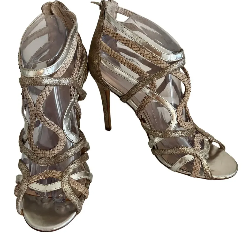 COACH Lancaster Metallic Leather Strappy Cage Gladiator Heel Sandals Luxury 9